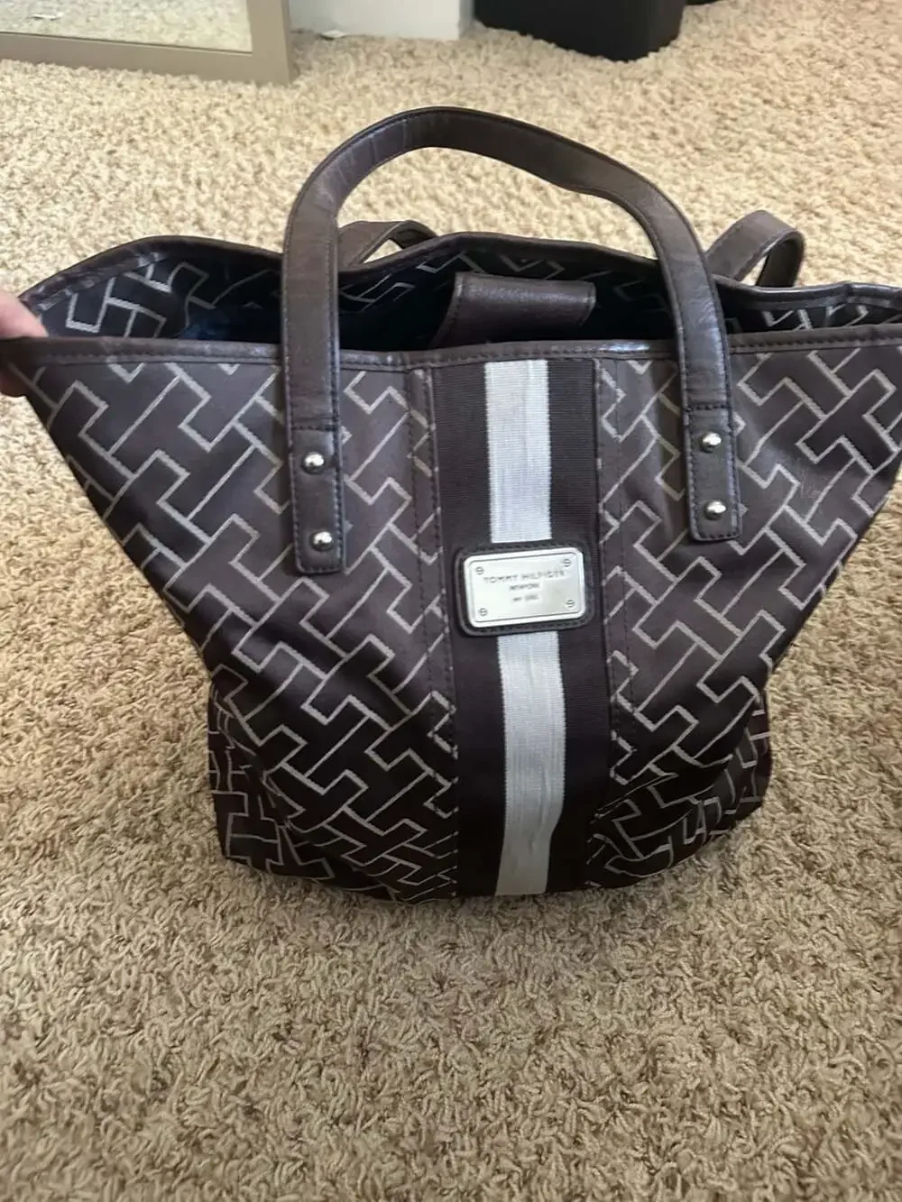 Tommy Hilfiger Brown Jacquard Monogram Tote Bag with Signature Center Stripe